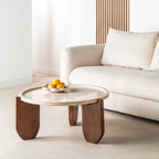 Nador - Table basse en marbre et bois massif ø80cm - Blanc ivoire - 1