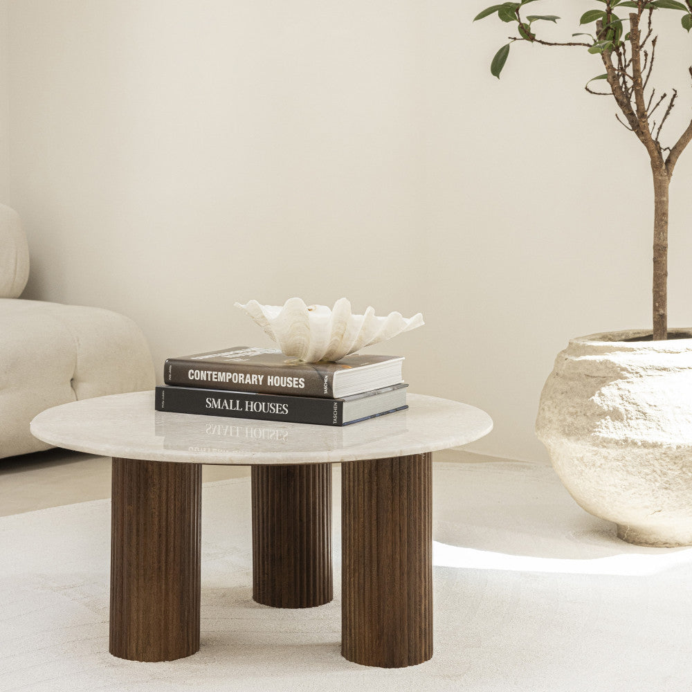 Sula - Table basse en marbre et bois massif ø80cm - Blanc ivoire - 1
