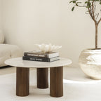 Sula - Table basse en marbre et bois massif ø80cm - Blanc ivoire - 1