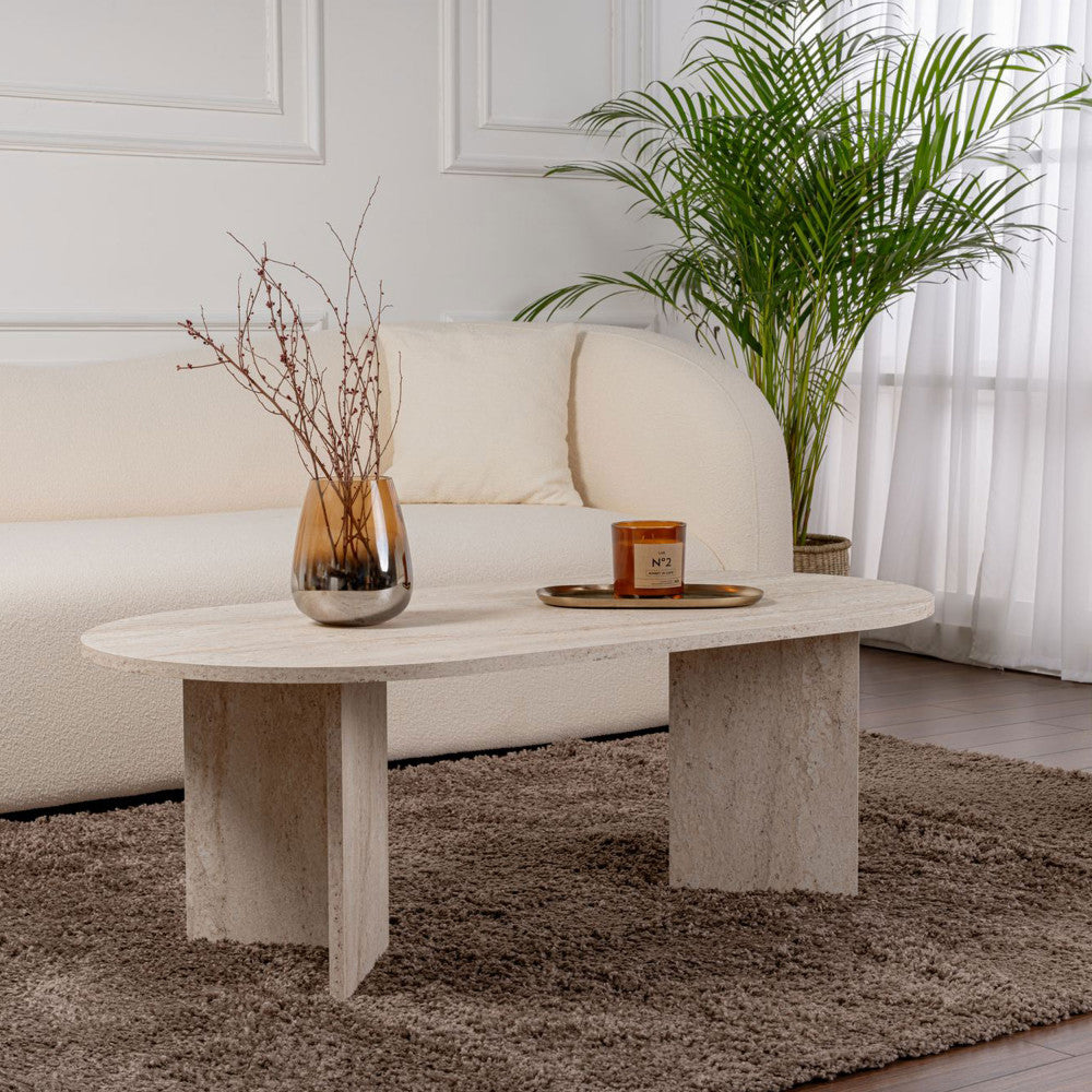 Sam - Table basse ovale effet travertin 119x60cm - Beige - 1