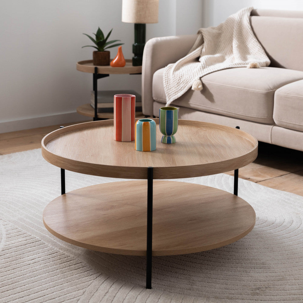 Korro - Table basse ronde en bois et métal ø80cm - Bois clair - 1