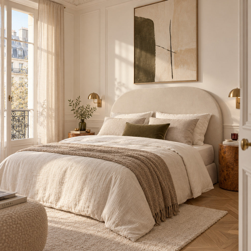 Wayne - Tête de lit compressée en tissu demi-lune L 160 cm - Beige - 1